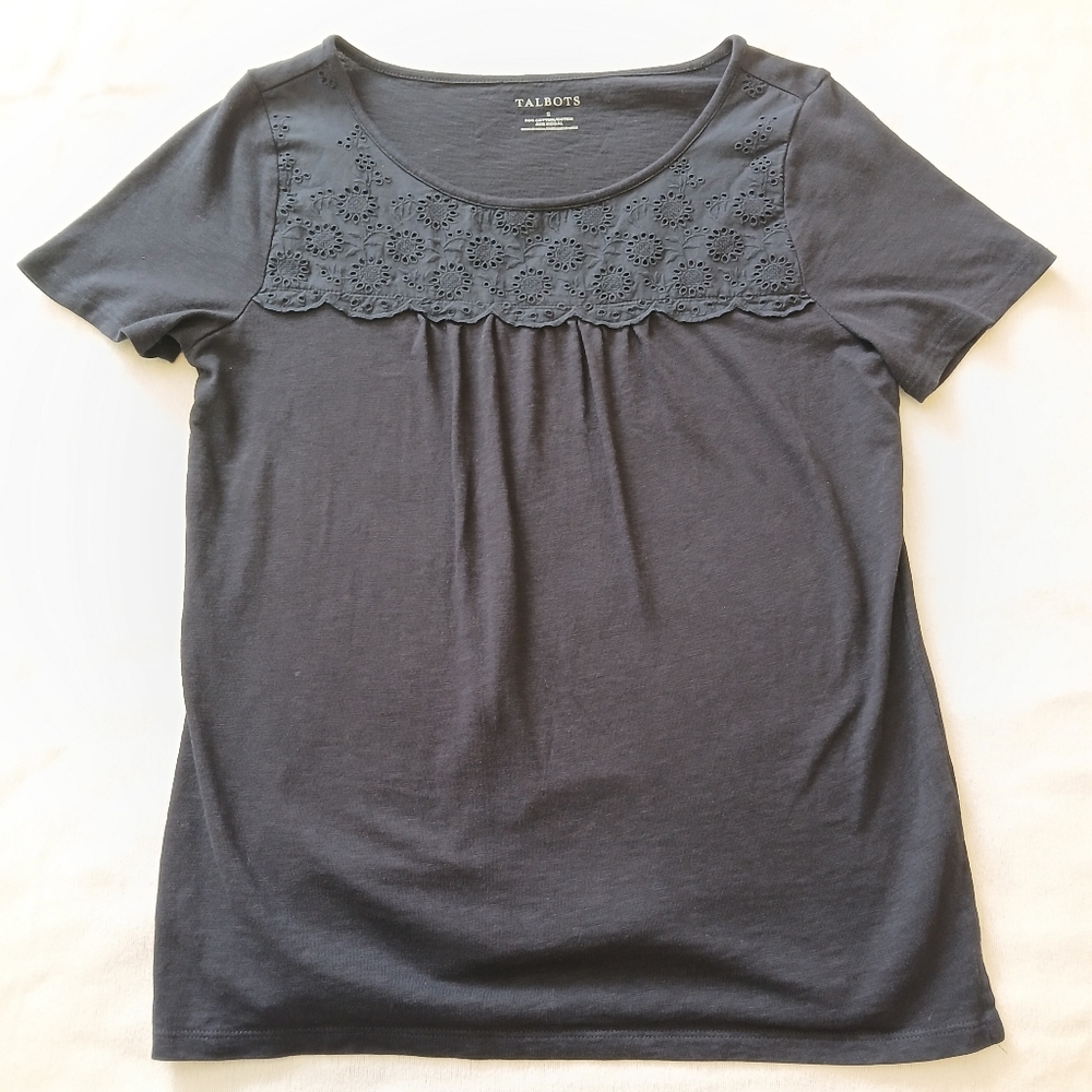 Talbots Size Small Navy Blue Short Sleeve T-shirt Lace Cut Out Shirt - Picture 3 of 9